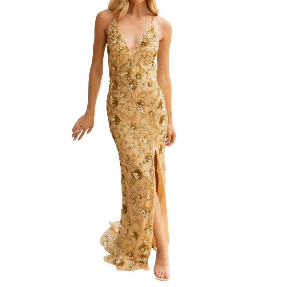 NEW PRIMAVERA beaded full-length formal gown in light gold